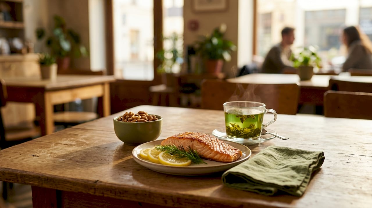 Een bord met zalm en noten op een houten tafel