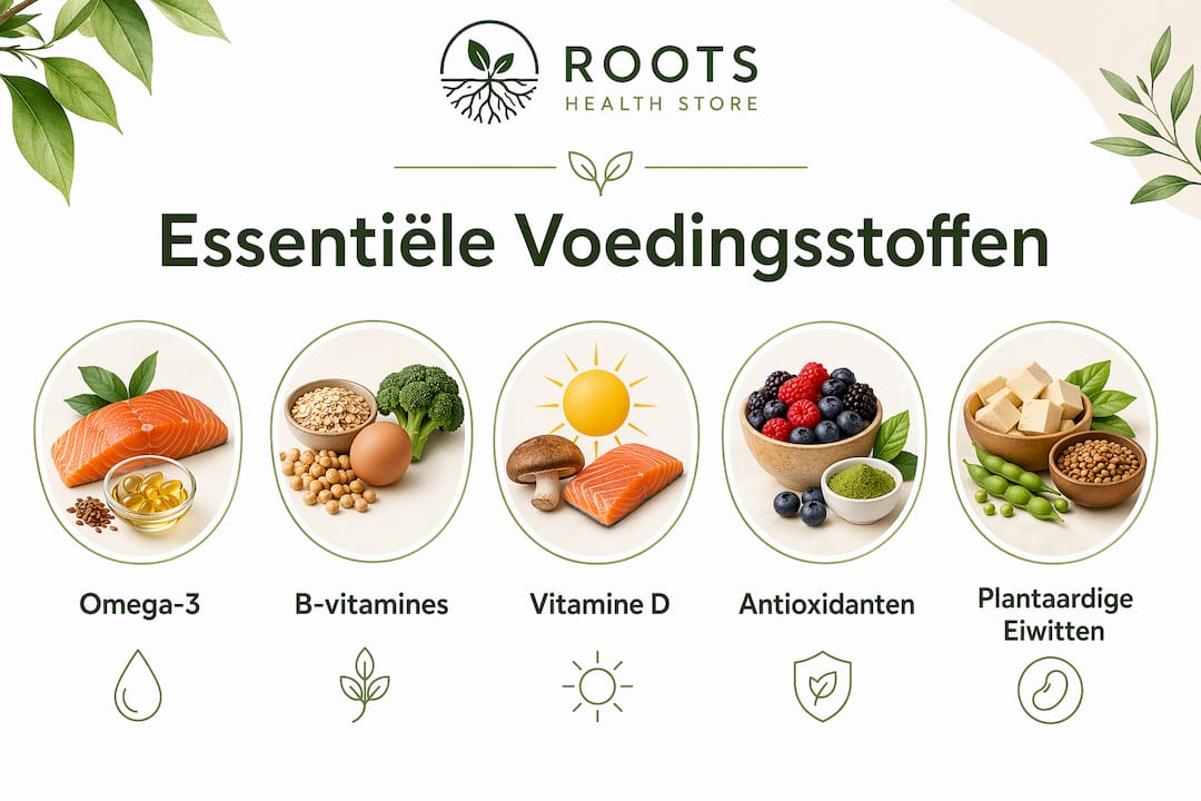 Infographic met de belangrijkste voedingsstoffen voor een gezond brein, overzichtelijk gerangschikt op volgorde van belangrijkheid