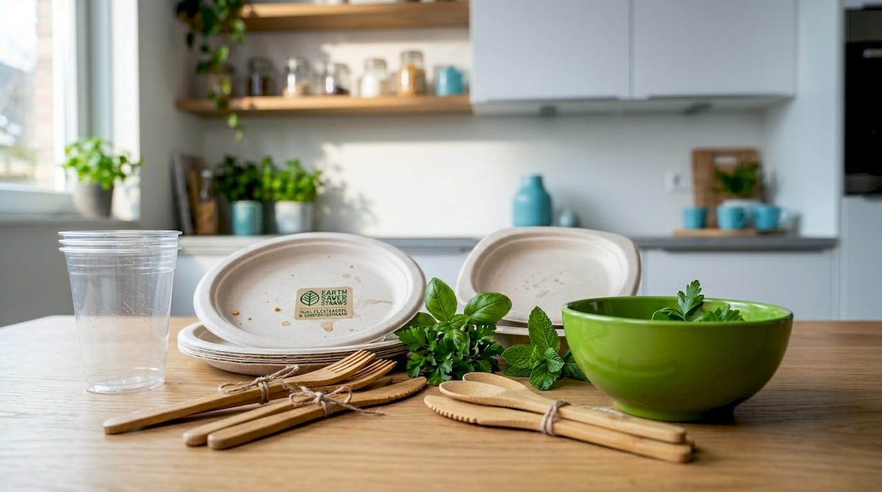 Een gevarieerd aanbod van biobased wegwerpproducten uitgestald op een houten tafel