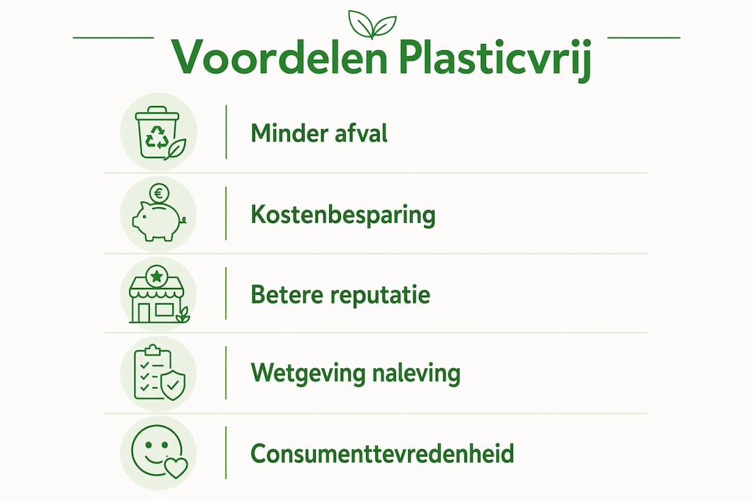Infographic: De voordelen van een plasticvrije horeca. Ontdek hoe jouw zaak bijdraagt aan een schonere omgeving, lagere afvalkosten en een positief imago door het gebruik van duurzame alternatieven. Samen zorgen we voor een toekomst zonder plastic afval!