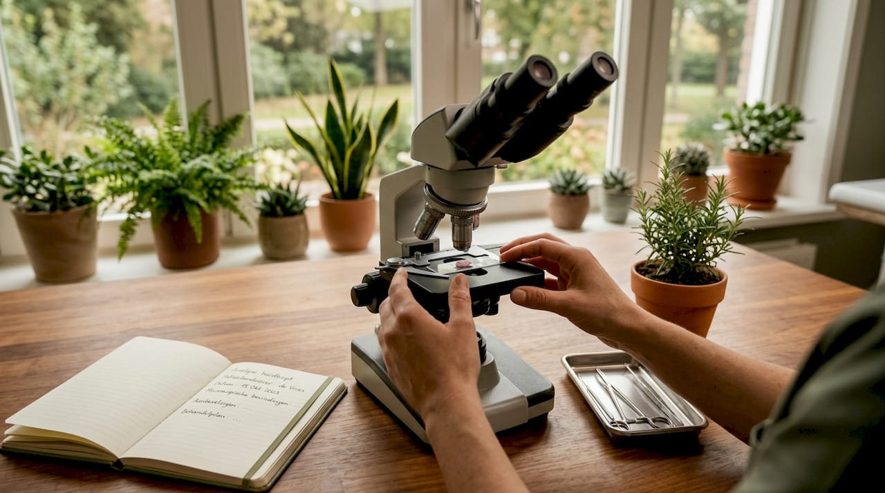 De dermatoloog bekijkt een huidcel zorgvuldig onder de microscoop.