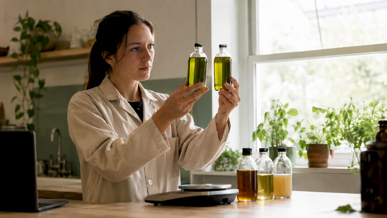 In het lab onderzoekt een wetenschapper verschillende vloeistoffen en vergelijkt hun eigenschappen met elkaar.