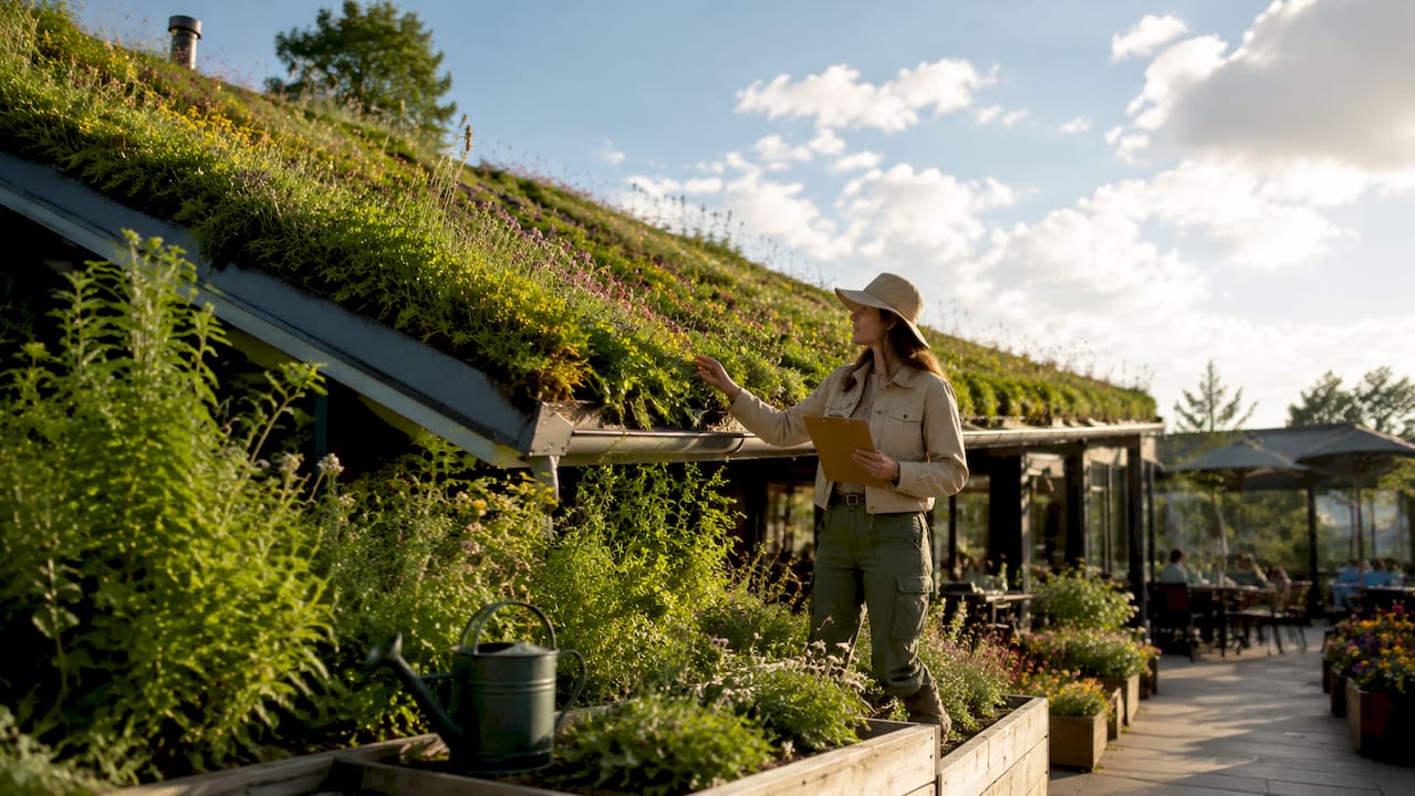 Een vrouw bekijkt aandachtig de verschillende planten op een groen dak vol biodiversiteit.