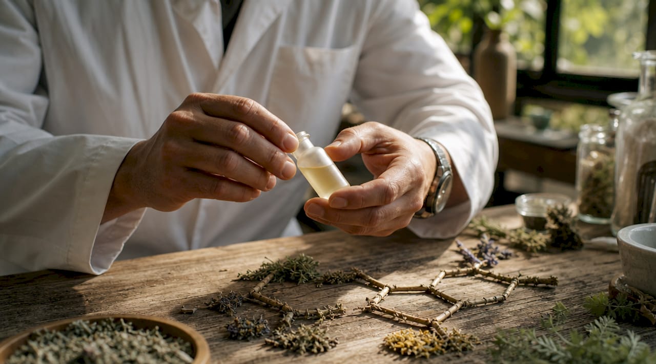 Twee handen houden een flesje CBD vast in een laboratoriumomgeving.