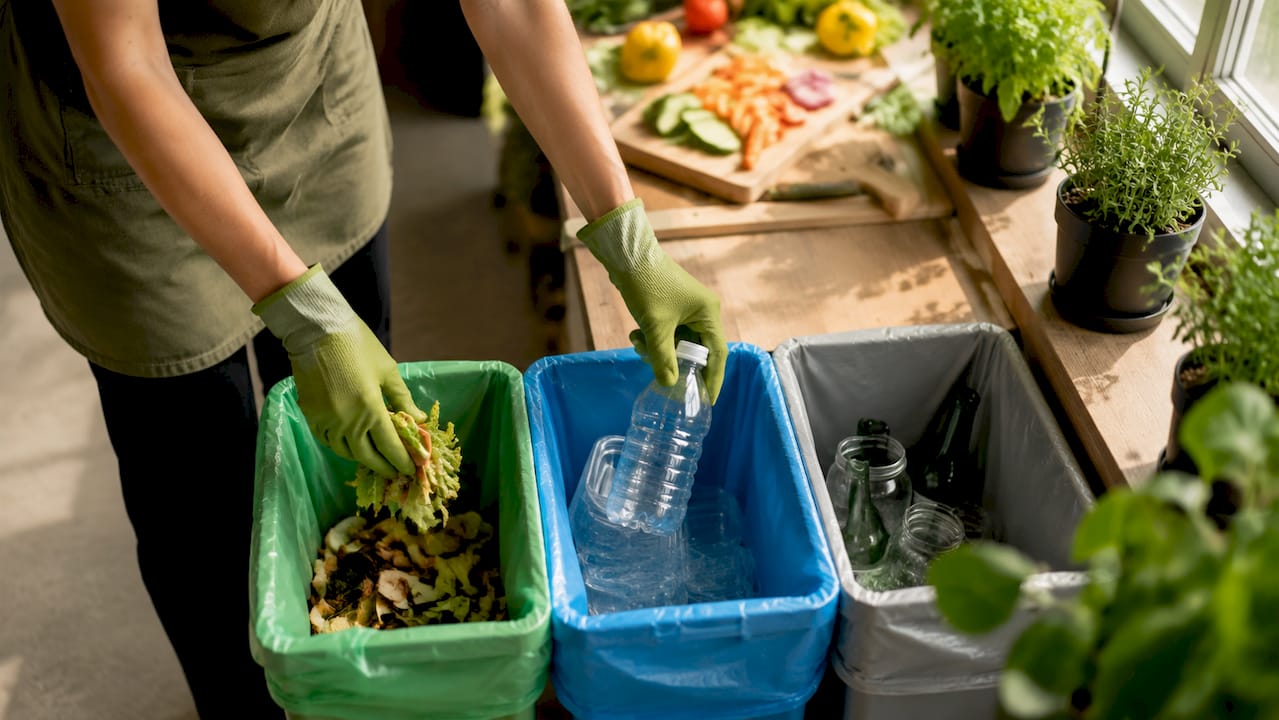 Met de handen wordt afval gescheiden in verschillende horeca containers die duidelijk zijn gelabeld.