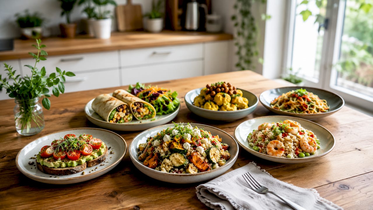 Op tafel staat een bonte mix van gezonde en snelle gerechten, klaar om van te genieten.