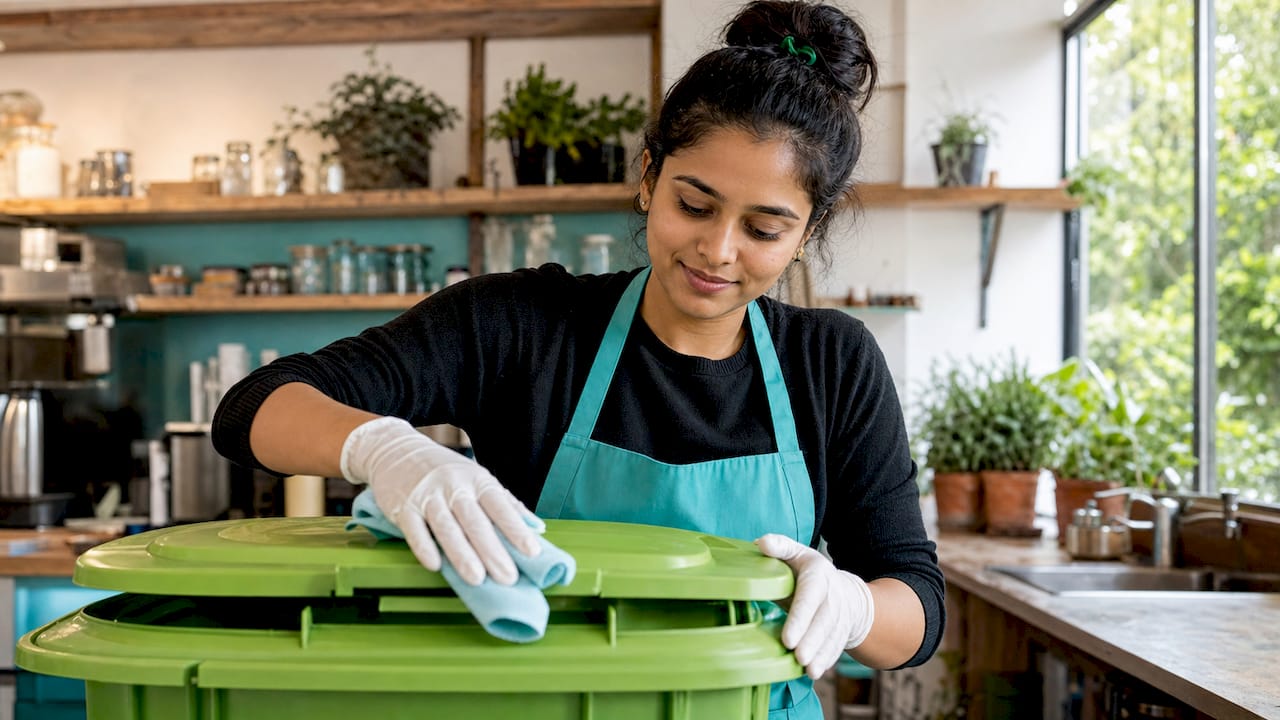 Een vrouw maakt zorgvuldig het deksel van de GFT-bak schoon voor extra hygiëne.