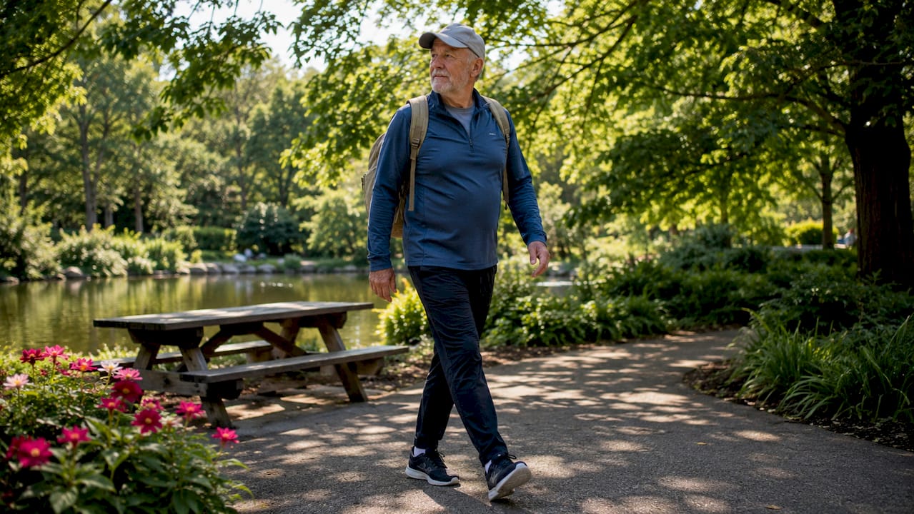 Een oudere man maakt een stevige wandeling in de buitenlucht om fit te blijven.