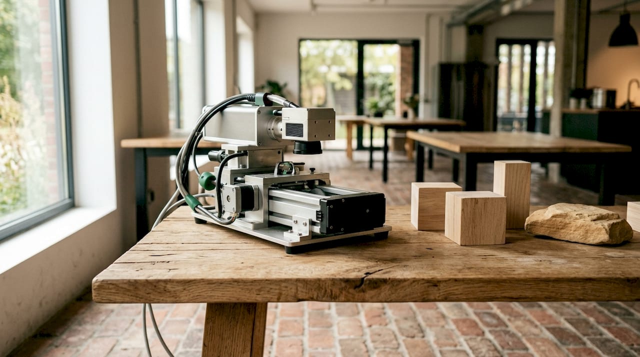 Gedetailleerde opname van een laserrecyclingmachine op een werkbank