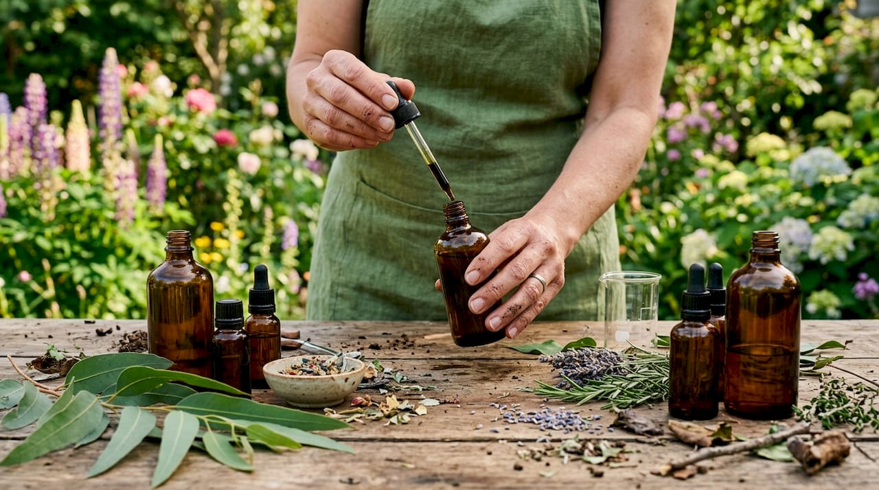 Natuurlijke, plantaardige ingrediënten tegen teken op een buitentafel