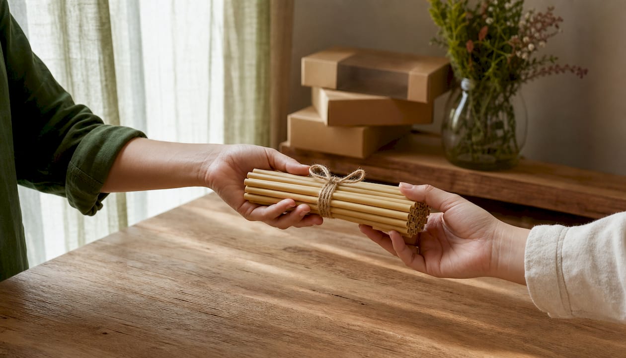 Twee handen geven elkaar een duurzaam verpakt product op een stenen aanrecht.