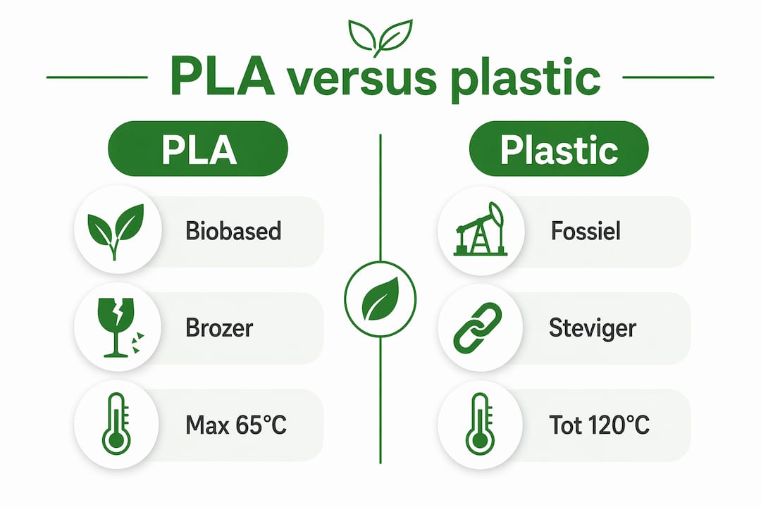 Overzichtelijke infographic: de belangrijkste verschillen tussen PLA en traditioneel plastic op een rij