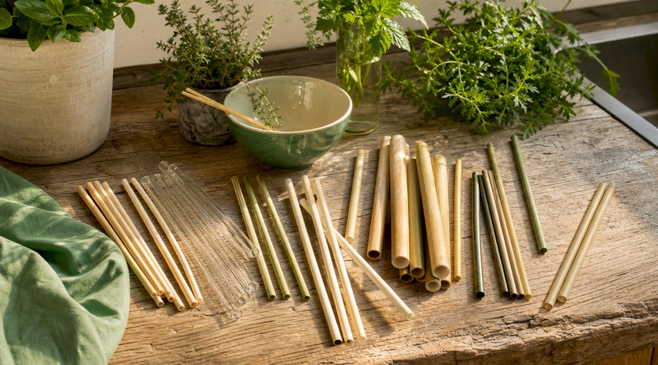 Een verzameling duurzame rietjes ligt verspreid op een houten tafel.