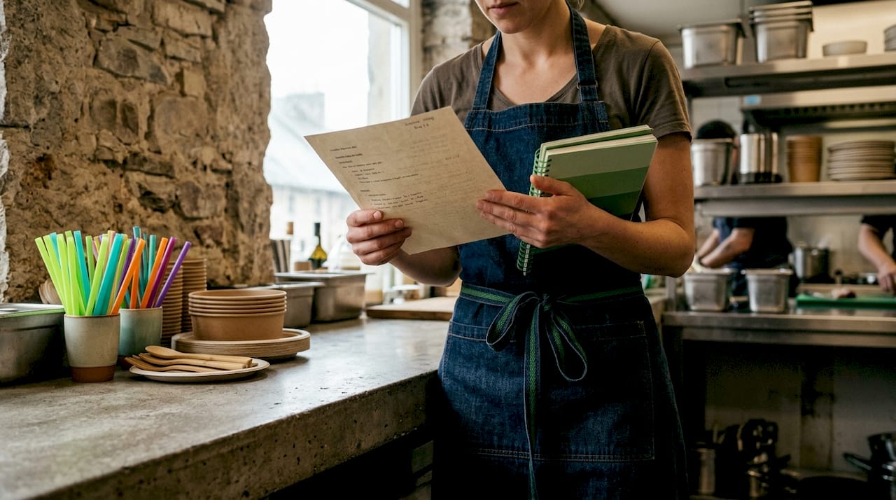 In een professionele keuken verdiept een medewerker zich in de nieuwste richtlijnen rondom duurzaamheid.