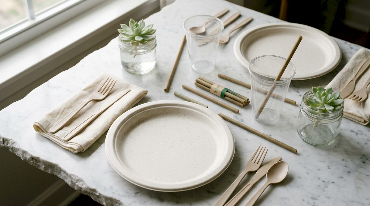 Een sfeervolle overzichtsfoto van duurzame cateringproducten op een houten tafel.