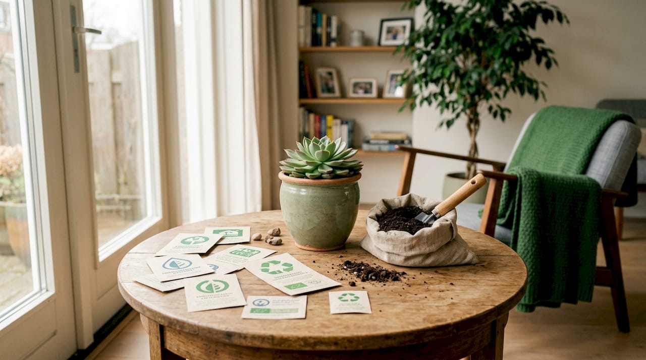 Duurzame kaarten met keurmerken op een houten tafel uitgestald