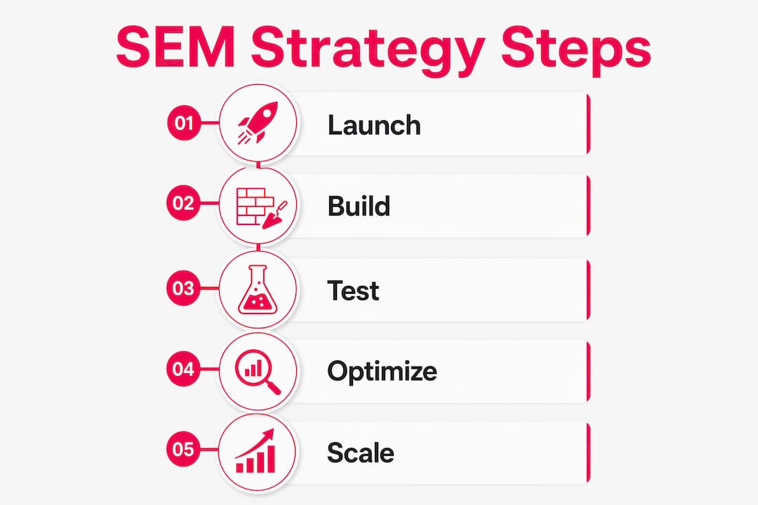 Step-by-step infographic of SEM strategy process