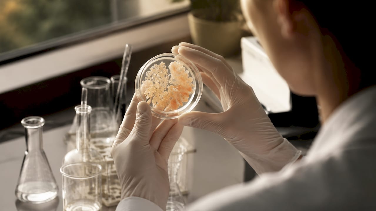 Lab technician studying skin barrier cells