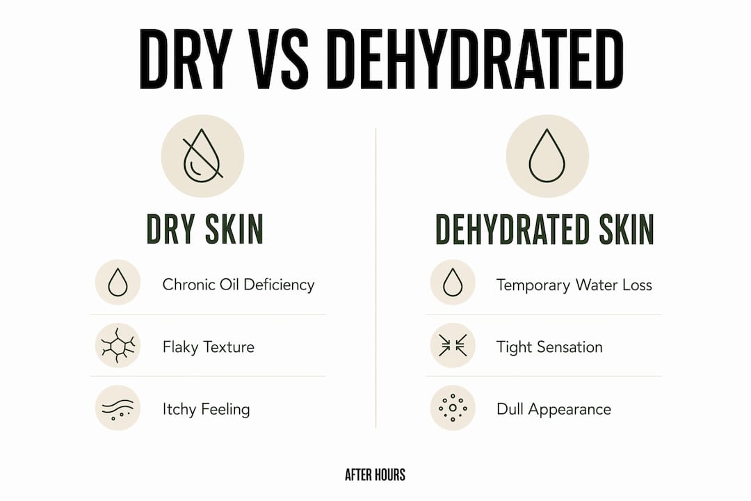 Infographic comparing dry and dehydrated skin characteristics