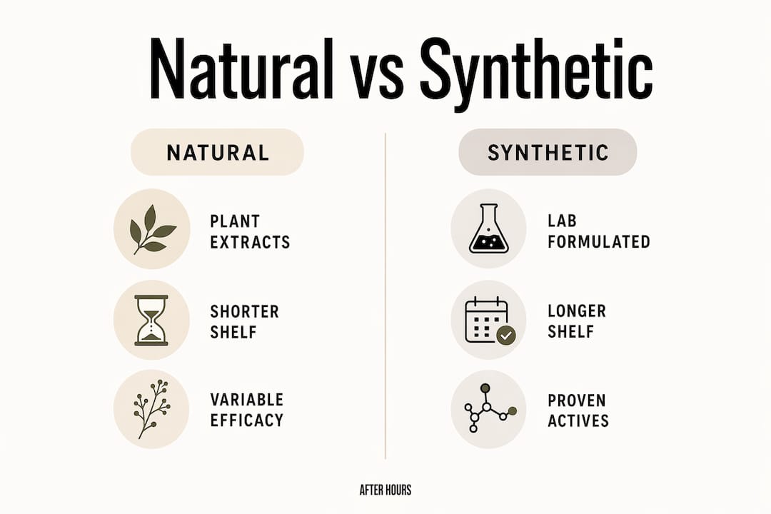 Infographic comparing natural and synthetic skincare factors