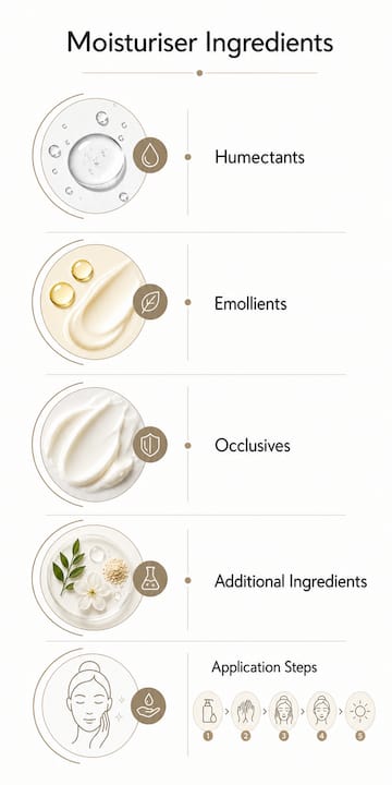 Infographic illustrating moisturiser ingredient categories and application steps