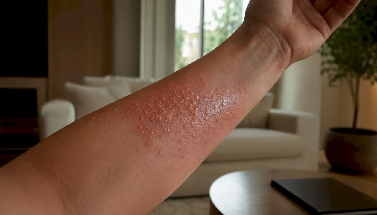 Blistered skin from citrus oil phototoxic reaction