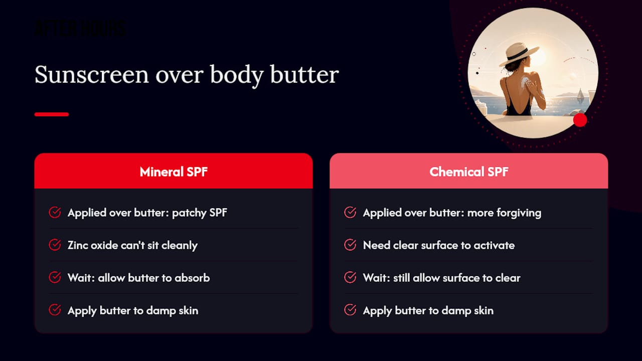 Diagram comparing sunscreen types and layering wait times