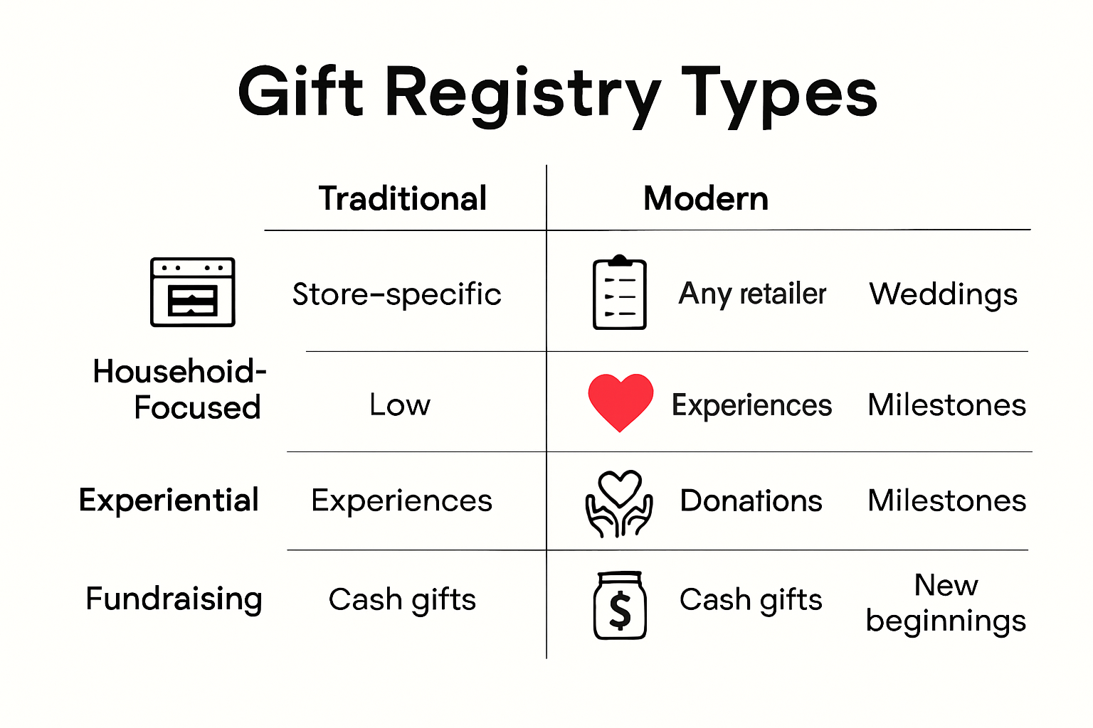 Infographic comparing traditional and modern gift registry types