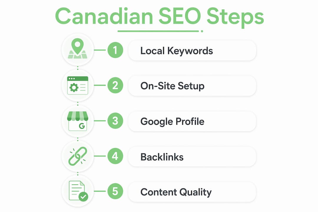 Infographic illustrating five foundational Canadian SEO steps