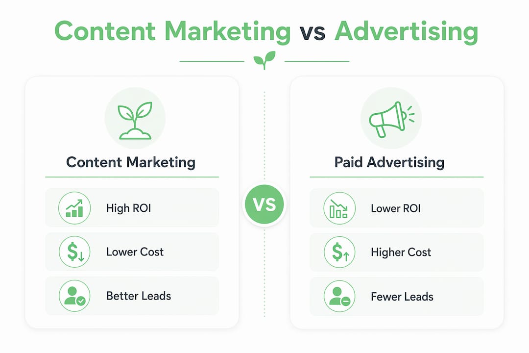 Infographic comparing content marketing benefits versus paid advertising