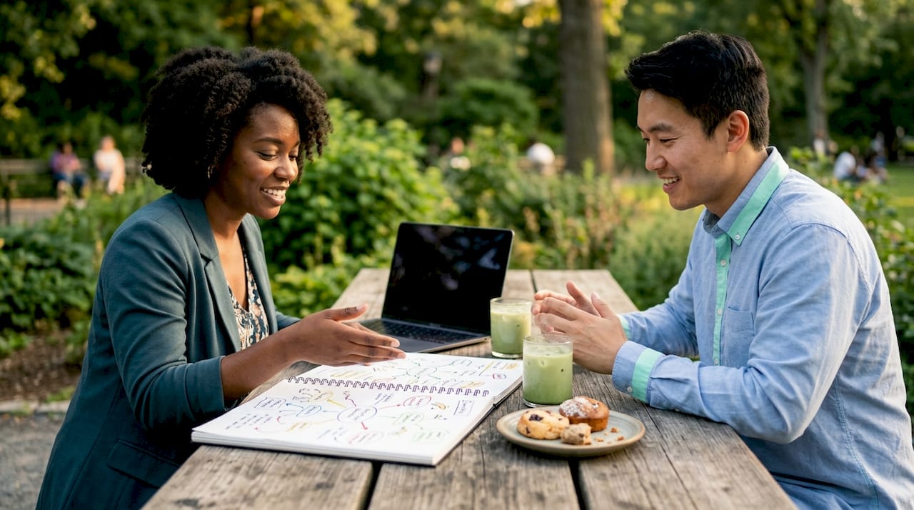 Partners planning content marketing strategy at café table