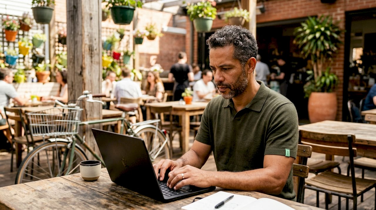 Hands typing on laptop keyboard at coworking space