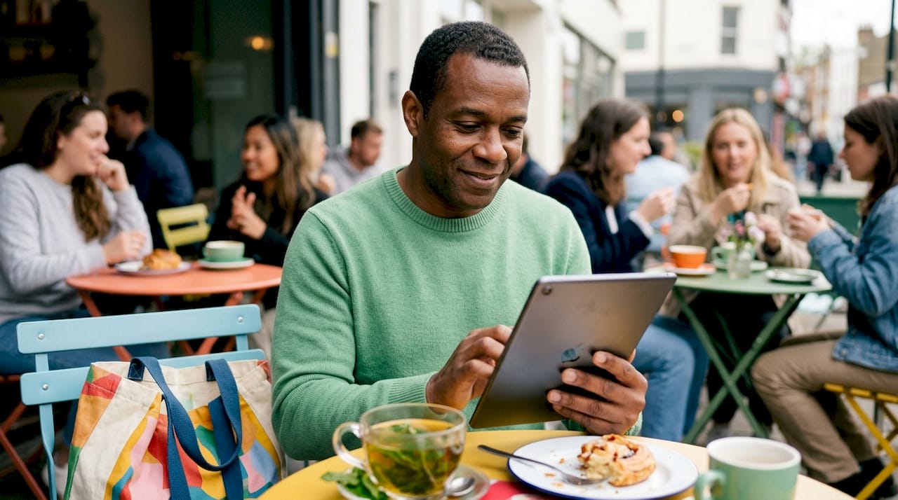 Small business owner checking social media data in cafe