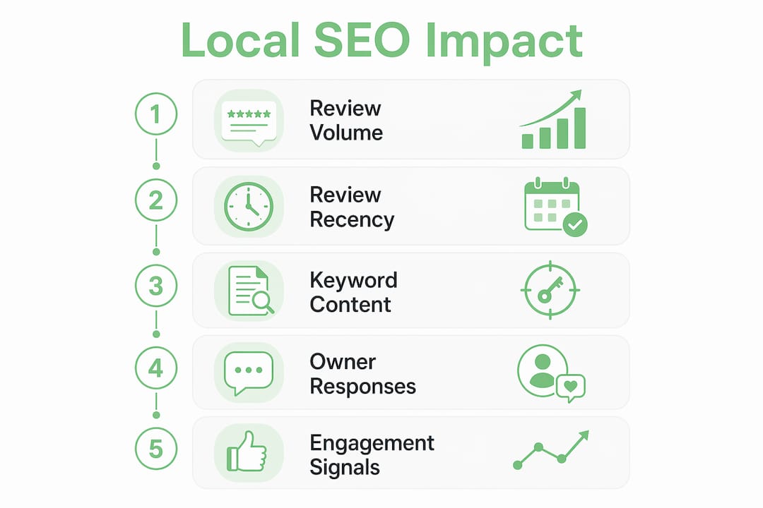 Infographic illustrating five factors of local SEO impact from reviews