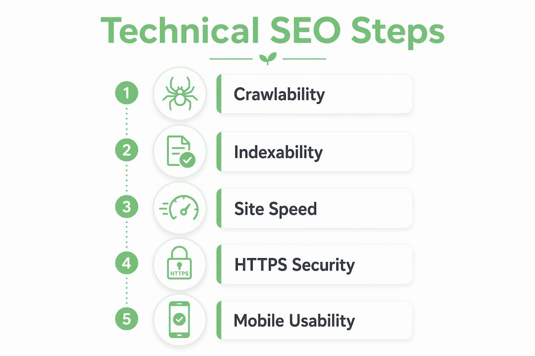 Infographic outlining technical SEO key steps