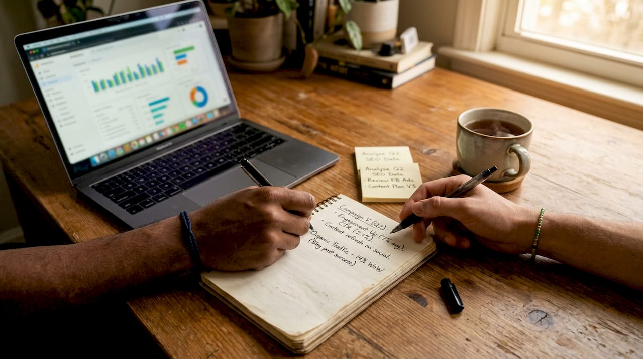 Close-up of hands writing marketing audit notes