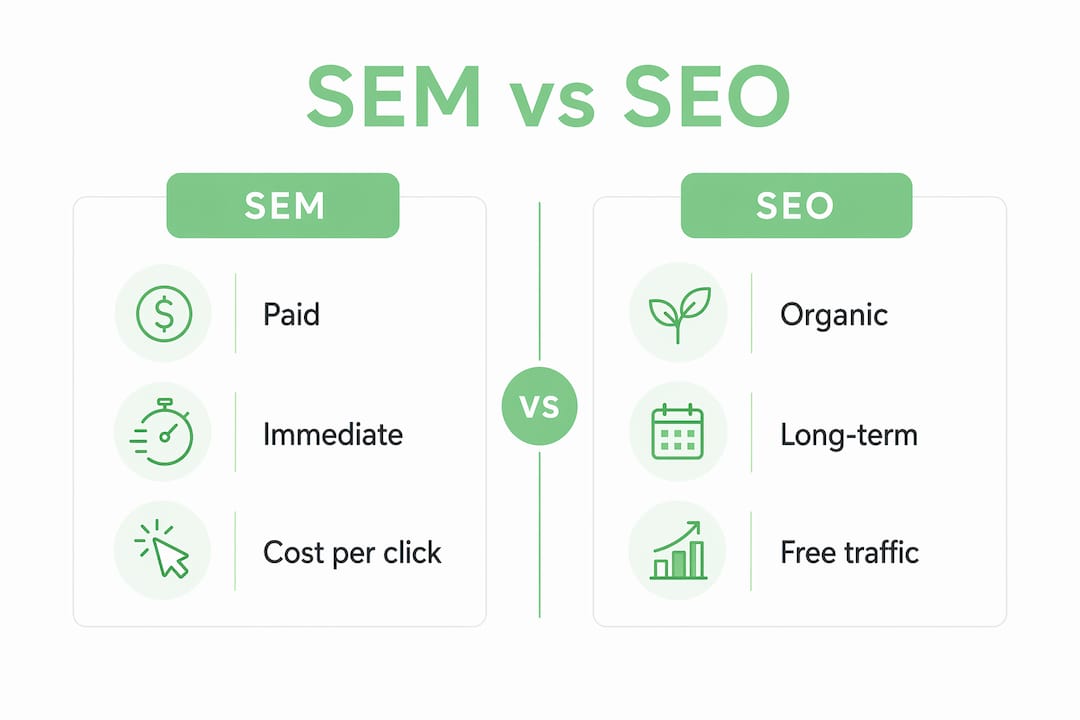 Infographic comparing SEM and SEO differences side by side