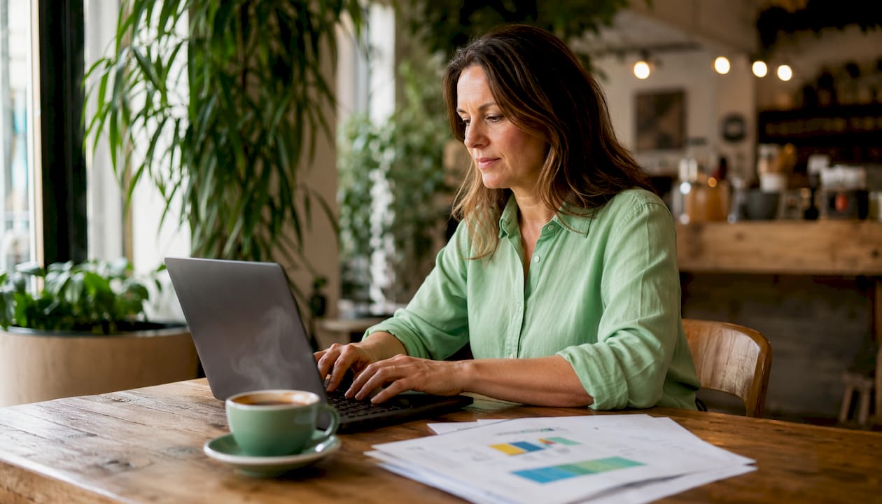 Woman managing Google Business Profiles on laptop
