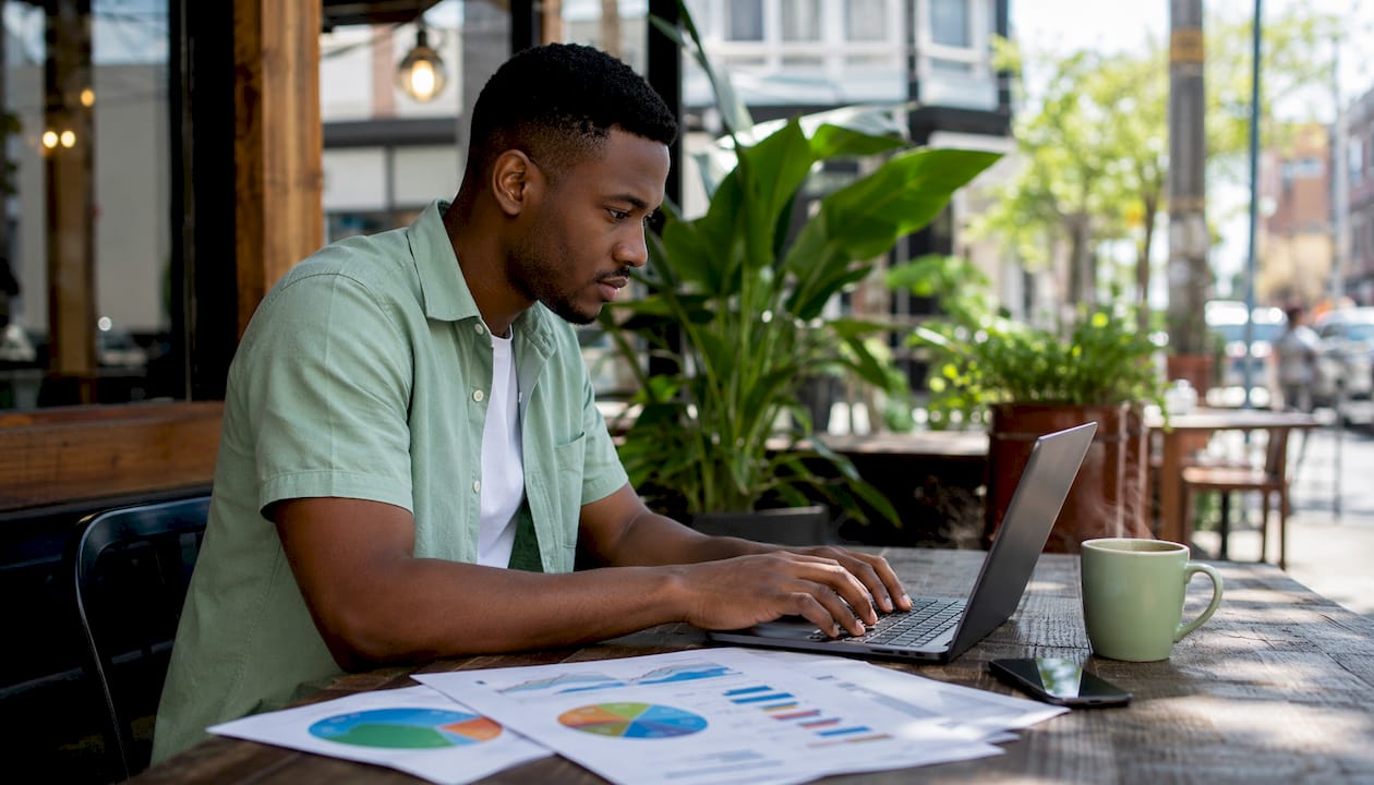 Hands typing on laptop with SEO printouts