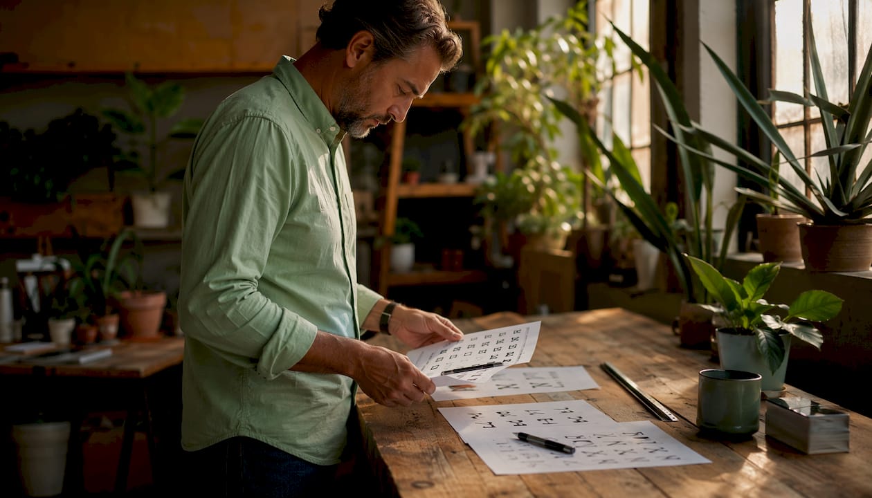 Hands working on typography samples at table overhead