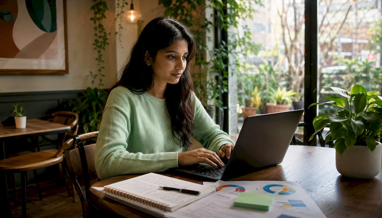 Hands researching PPC keywords and analytics on laptop