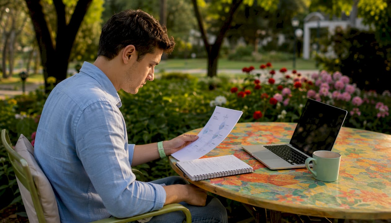 Man reviewing SEO content in café setting