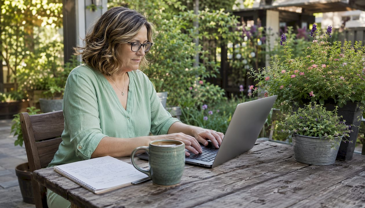 Woman working on SEO content at home desk