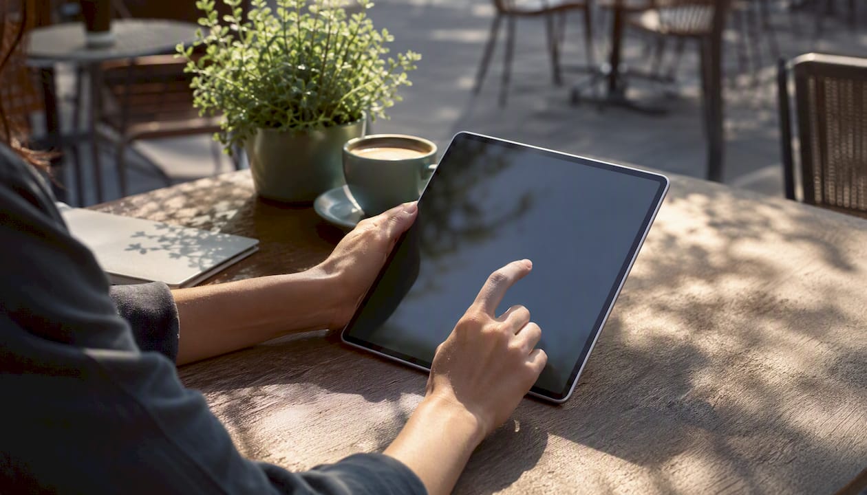Hands scheduling posts on a tablet