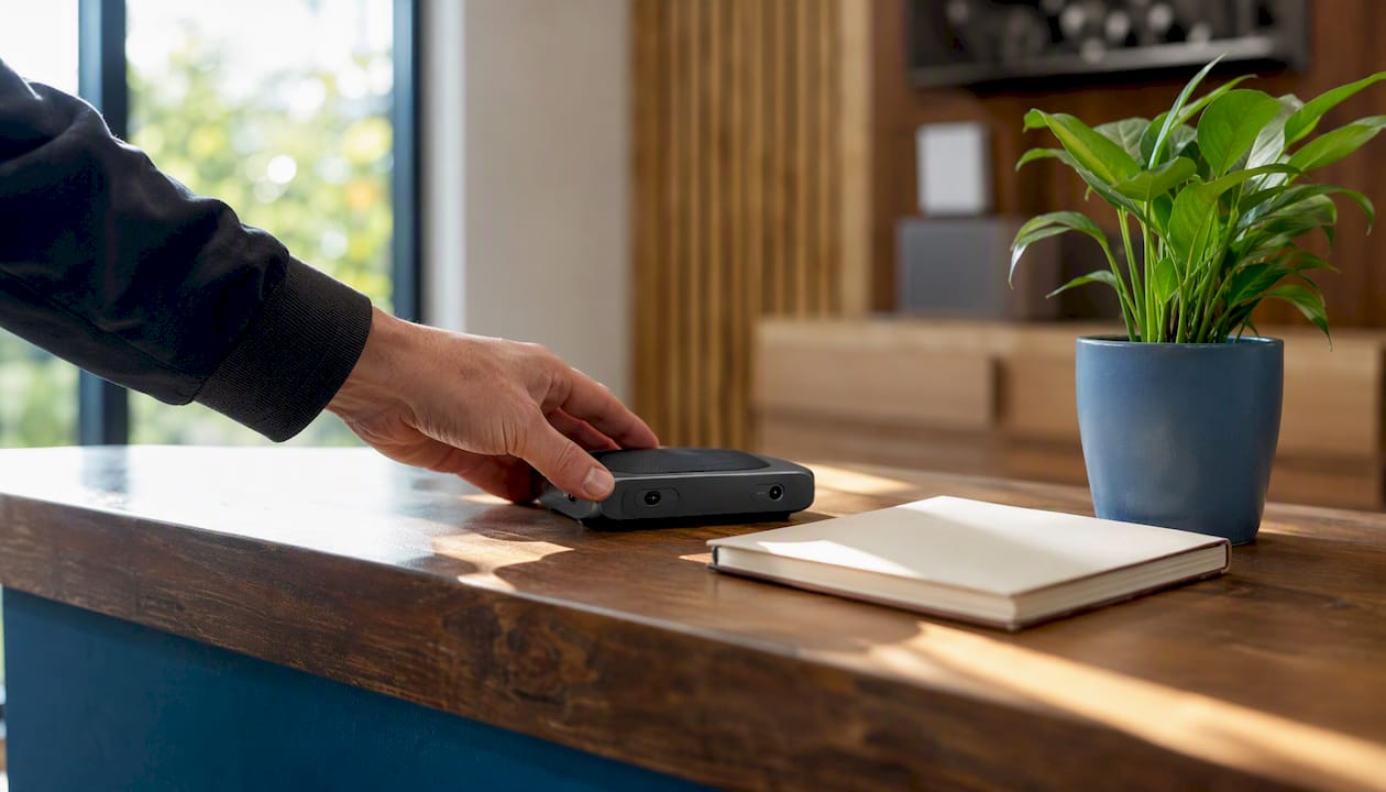 Hand placing AI device on reception desk