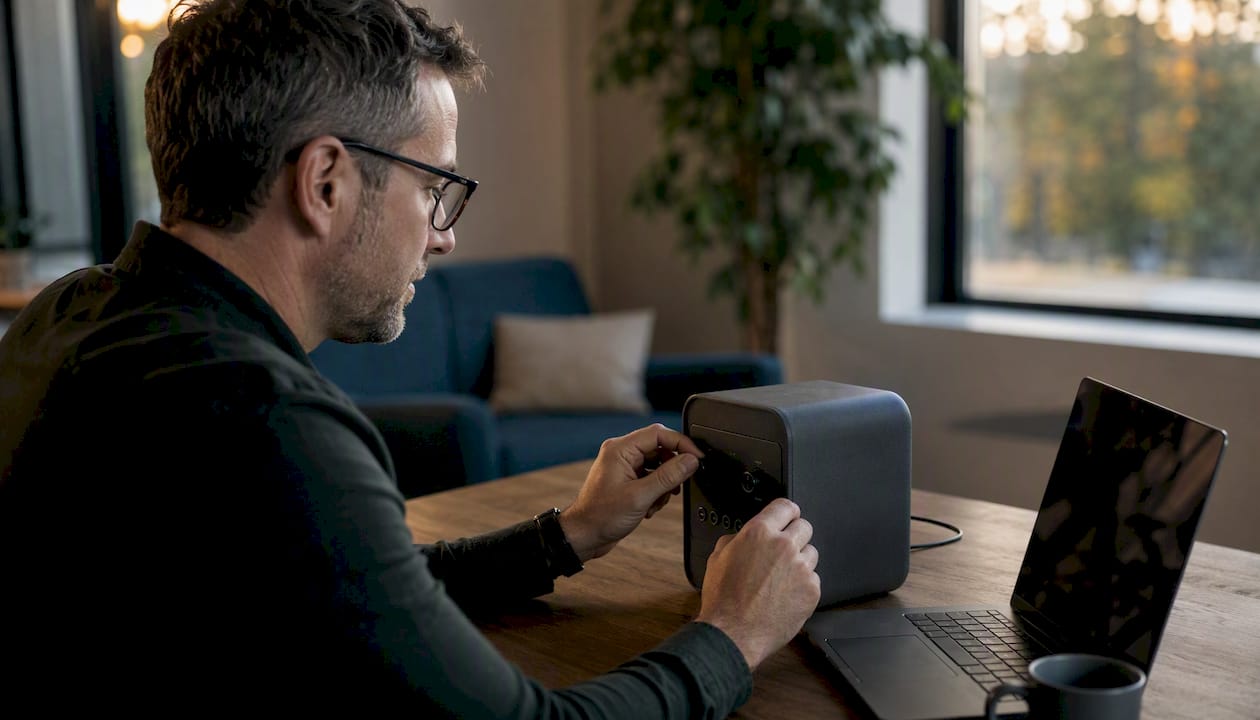 Owner adjusting AI receptionist device settings