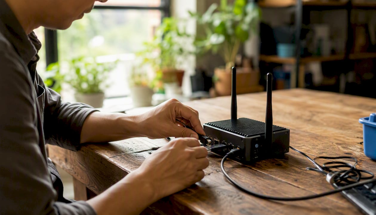 Hands connecting cables to AI receptionist device