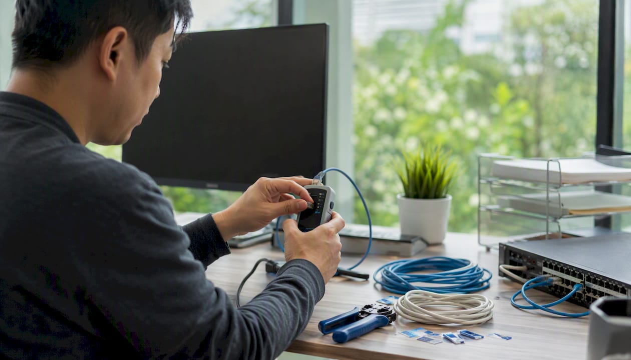 Hands testing network cables with device