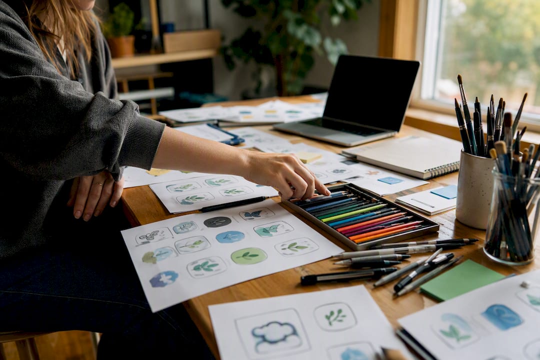 Designer hand selecting illustration styles on sketchbook