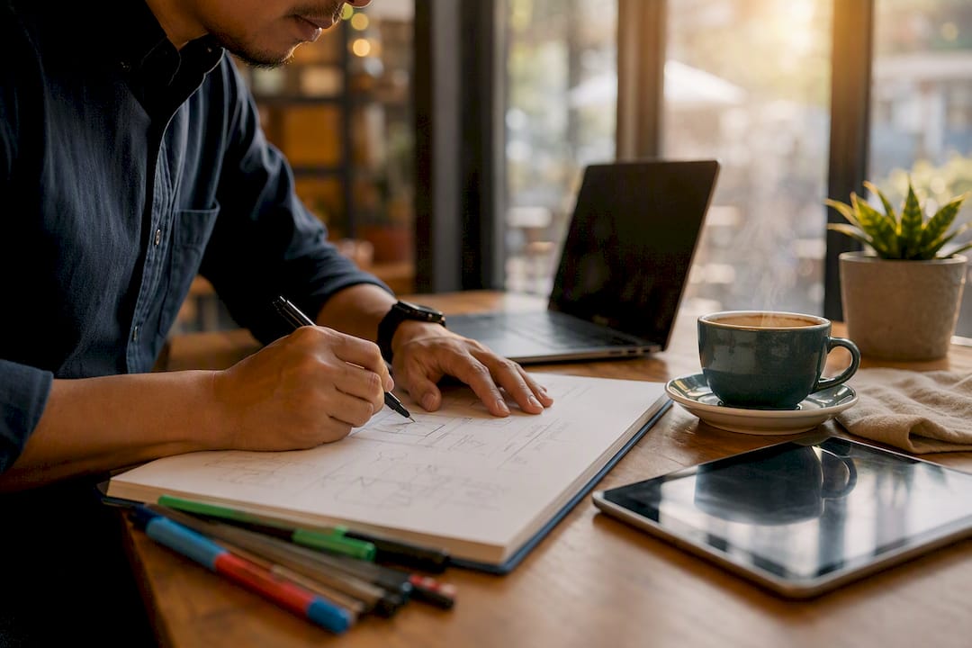 Hands drawing digital adoption plan in office
